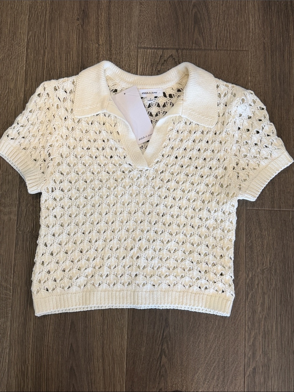 NWT Ivory Open-Weave White Polo Knit Top Size Small